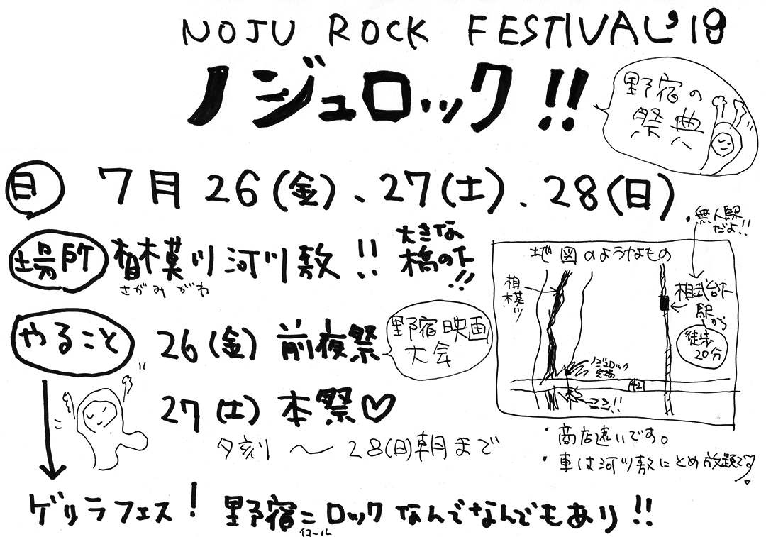 NOJUROCK FESTIVAL '19 ノジュロック・フェスティバル '19 野宿の祭典　2019年7月26日（金）前夜祭・27日（土）本祭・28日（日）　場所：相模川河原敷